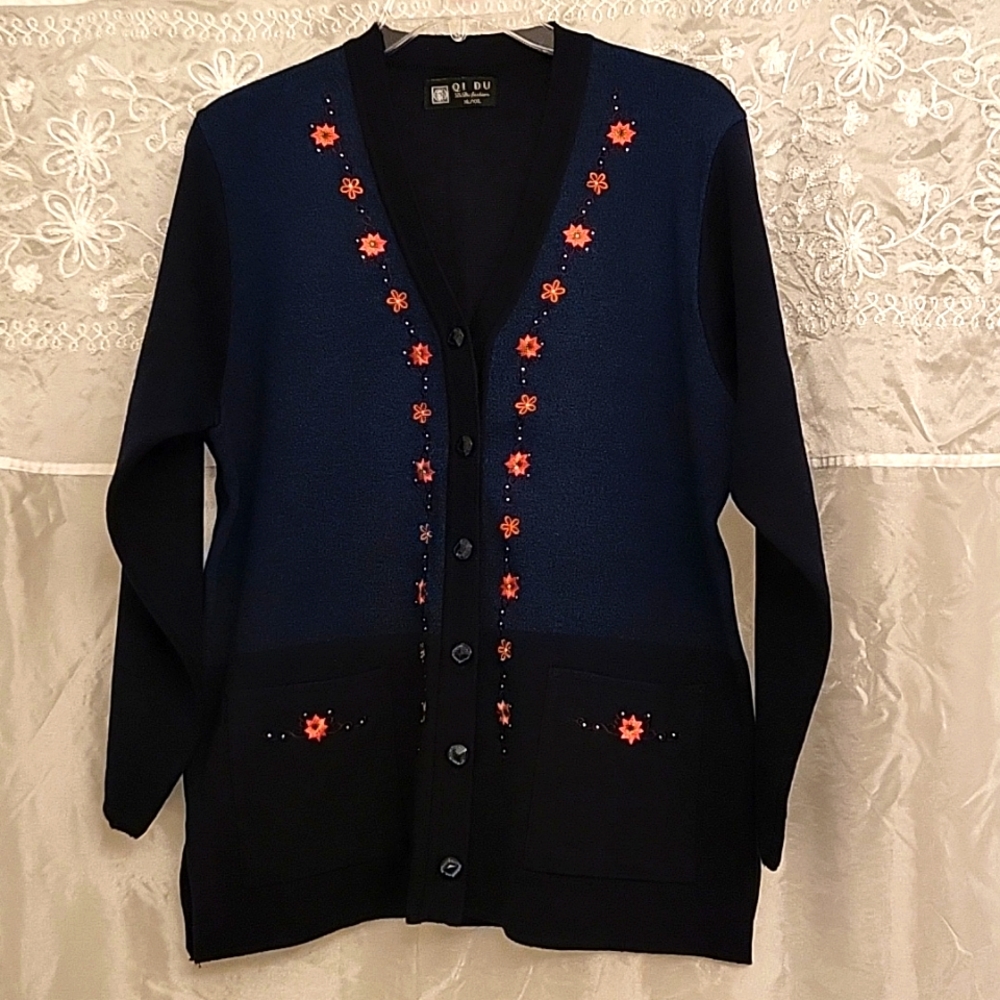 NWOT Navy Wool Embroidered Cardigan! Sparkles and Pockets! XL